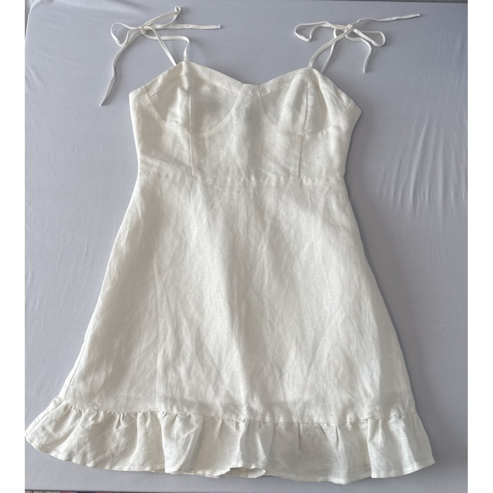 Forever 21 Linen Blend Ruffle Smocked Tie Dress M Cottagecore Boho Beach Summer